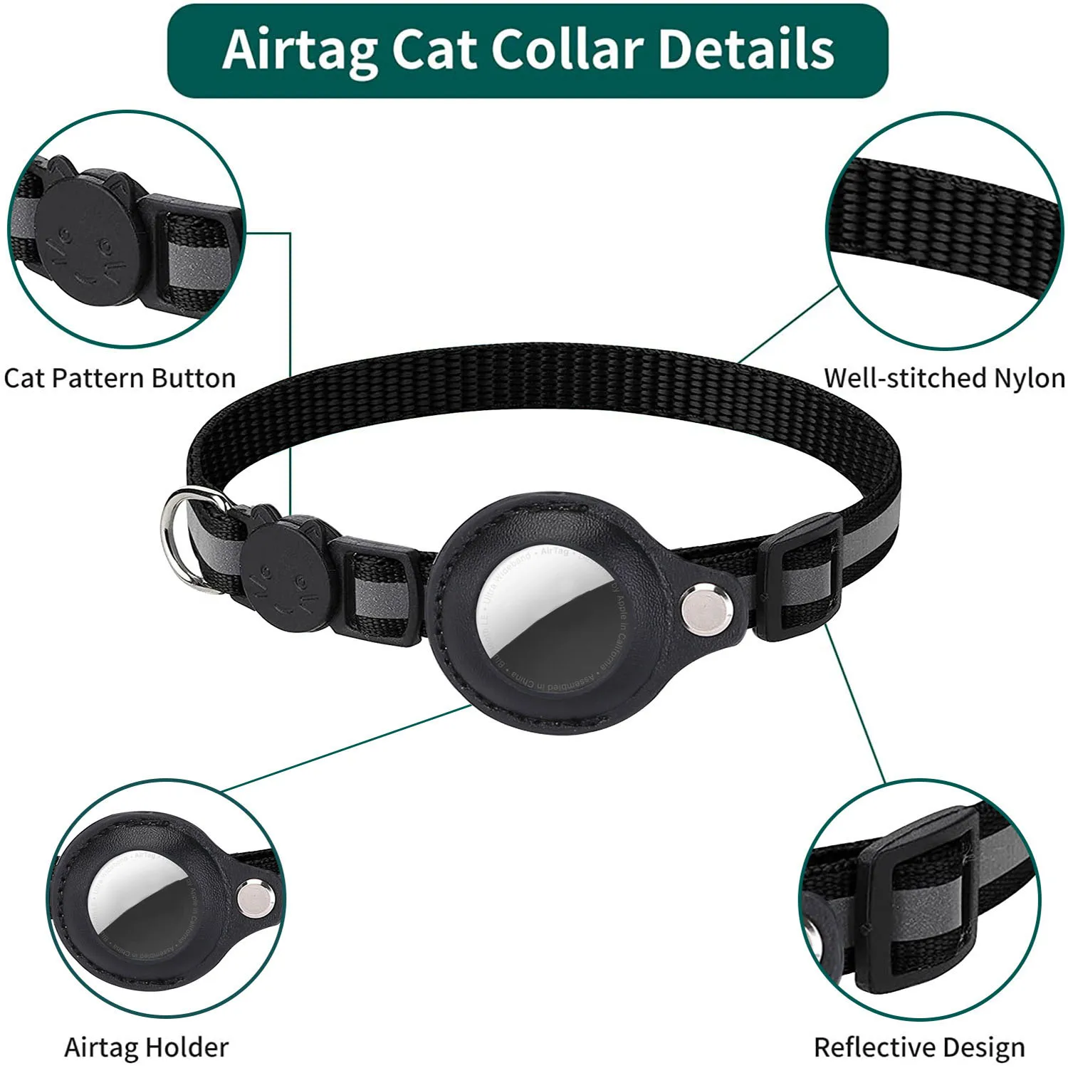 Cat AirTag Holder Collar Breakaway Reflective Strips Adjustable Kitten Collar Waterproof Cat Bell Collar Pet Air Tag Case - Image 2