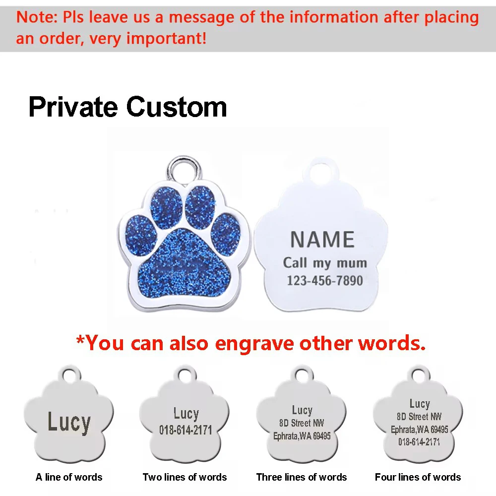 (3pcs) Personalized Dog Cat Tags Free Engraved Pet Puppy ID Anti-lost Name Paw Glitter Pendant Nameplate Glitter Keyring Accessories - Image 2
